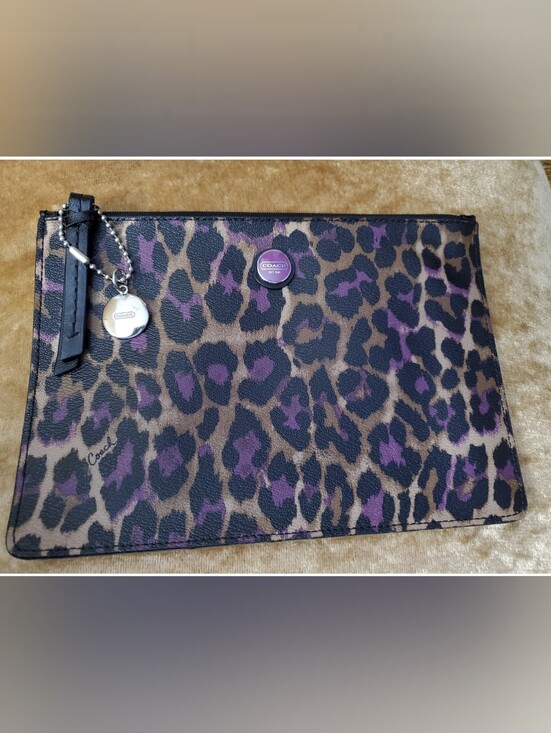 Coach Handbags - Coach Leopard Print Zip Pouch in Purple and Brown Excellet Condition